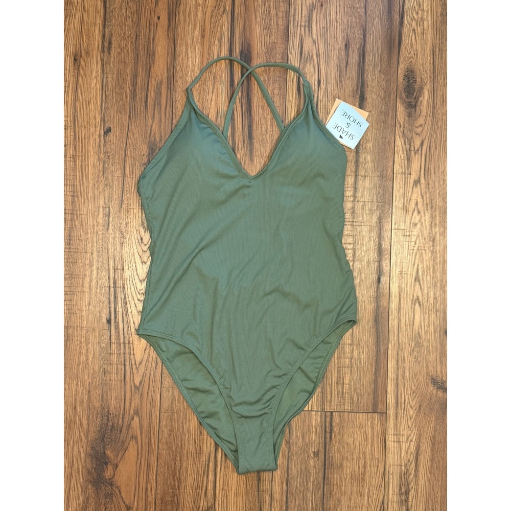 Shade & Shore Women Olive Green Ribbed One Piece Swimsuit High Leg Cheeky M 8-10